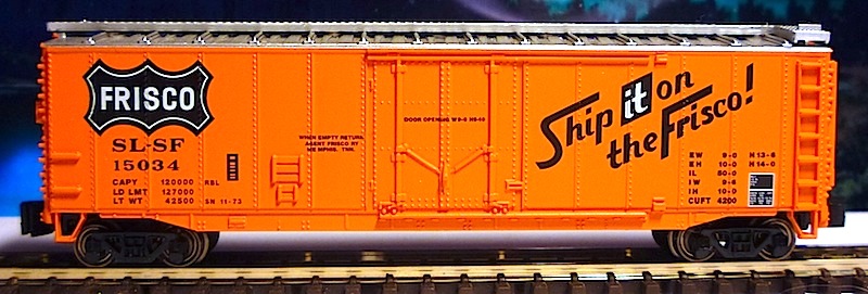 Bachmann American 50' plug-door box car in %22Frisco%22 orange livery.JPG